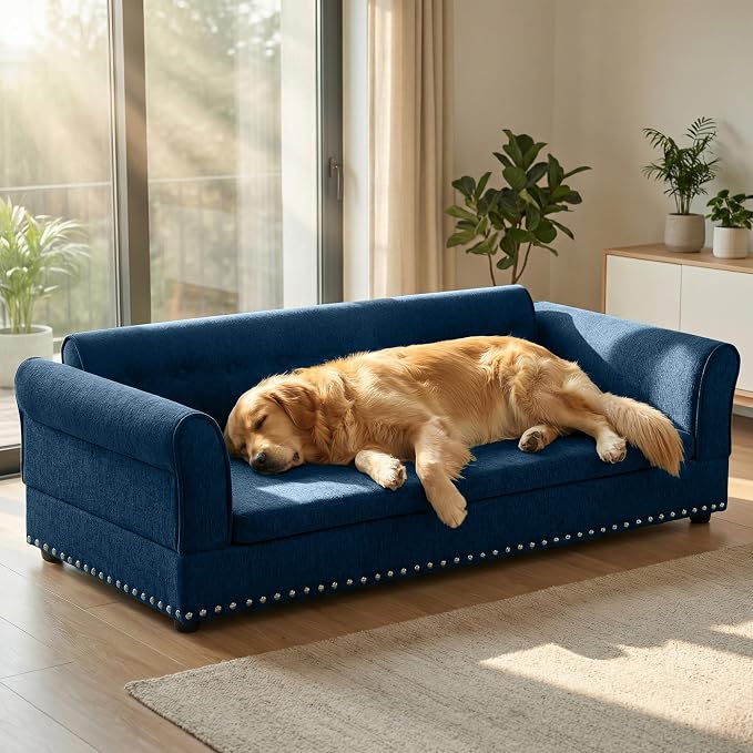 55" Dog Sofa for Medium to Large Dogs, Button Tufted Dog Couch Bed with Backrest and Armrests, Durable Memory Foam Pet Bed, Removable Cushion for Medium and Large Dogs, Blue