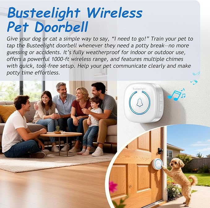 Soft Ring Dog Potty Bell for Training – Wht Wireless Dog Door Bell with 1000ft Range, LED Alert, 60 Tones, Waterproof Dog Bells to Go Outside – Bell for Dogs to Ring to Go Potty(2 Bells & 1 Receiver)