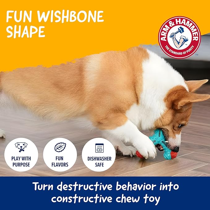 Arm & Hammer Nubbies Wishbone Dog Dental Chew Toy for Dogs, Moderate Chewers, Chicken Flavor, Nylon and TPR, Baking Soda Infused, Reduces Plaque and Tartar, No Stuffing - 24 Pack