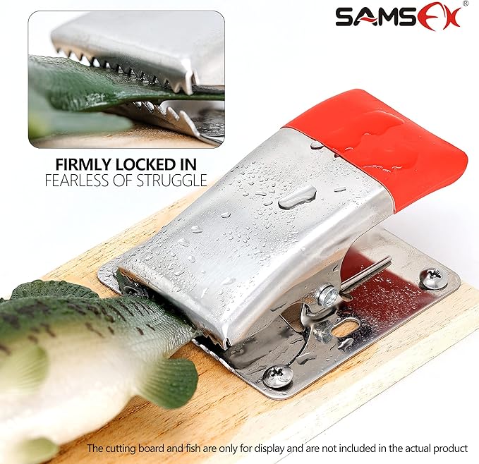 SAMSFX Fish Cleaning Board Tools Fillet Clamp w/Screws Deep-Jaw Fish Tail Clip Board for Scaling Table Bait (Fish Clamps with Red Grip)