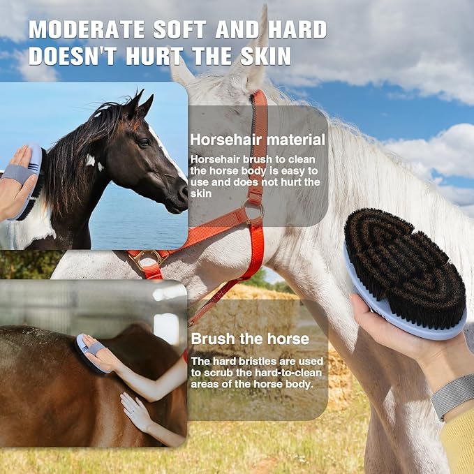 Horsehair Horse Brush for Grooming Flexible Horse Finishing Brush Professional Horse Cleaning Tool for Horse Short-Haired Cats&Dogs Gentle Effective Bath Massage Remove Dirt