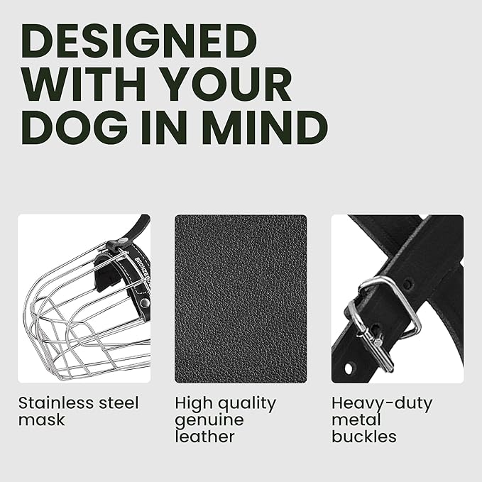 BRONZEDOG Pitbull Dog Muzzle Breathable Metal Basket for Large Dogs Amstaff Staffordshire Terrier Biting Chewing Barking (Leather, Black)