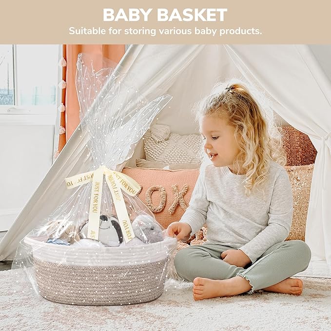 CHICVITA Gift Basket Empty to Fill, Woven Baskets for Storage, Rope Decorative Baskets with Gift Bags & Ribbon for baby girl, Dog Toy Storage, 13.6"x 10" x 6", Brown