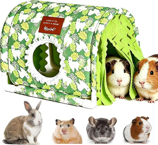 Guinea Pig Hideout Tunnel - Stable Washable Small Animal Tunnel Hide with Curtains,Guinea Pig Accessories for Hamster/Chinchilla/Dwarf Rabbit/Ferret (Green Alpaca, Large)