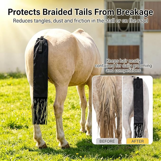 Horse Tail Bag with Fringe, Adjustable Nylon Horse Tail Protector with Fastener, Lightweight Water-Repellent Tail Bag for Braided Tail Protection, Grooming, Stable & Horse Show Use, Black