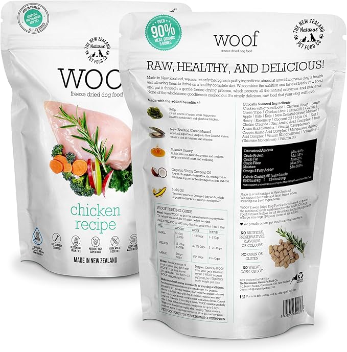 The New Zealand Natural Pet Food Co. WOOF Freeze Dried Dog Food - Chicken Recipe, High Protein Dog Treats & Snacks, Dog Food Toppers & Meals, 9.9 oz