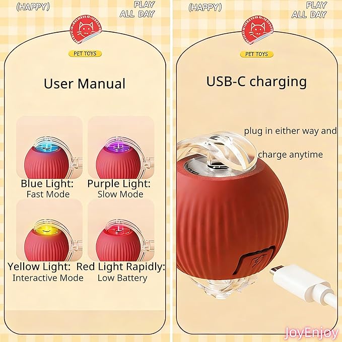 Interactive Cat Toy Ball Automatic Rolling Smart Cat Ball with Tail Motion Activated USB Rechargeable 3 Speed Modes Bird Chirping Durable Silicone Pet Toy for Indoor Cats Multiple Colors (Red)