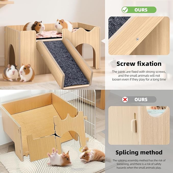 Extra Large Guinea Pig Hideout Castle, Natural Chew Proof Wooden Small Animal House with Anti-Slip Stairs & Mat, 2-Story Detachable Habitat, Easy to Assemble for Guinea Pigs, Rabbits, Hamsters