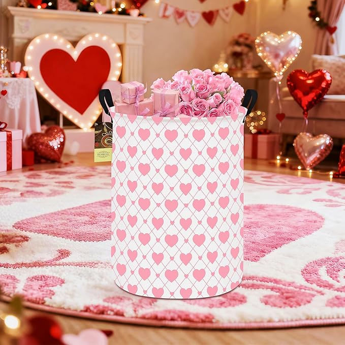 Collapsible Fabric Storage Basket, Waterproof Laundry Hamper with Handles, Round Storage Bin for Clothes Toys, Foldable Organizer for Bedroom Nursery Bathroom(Round-Heart)