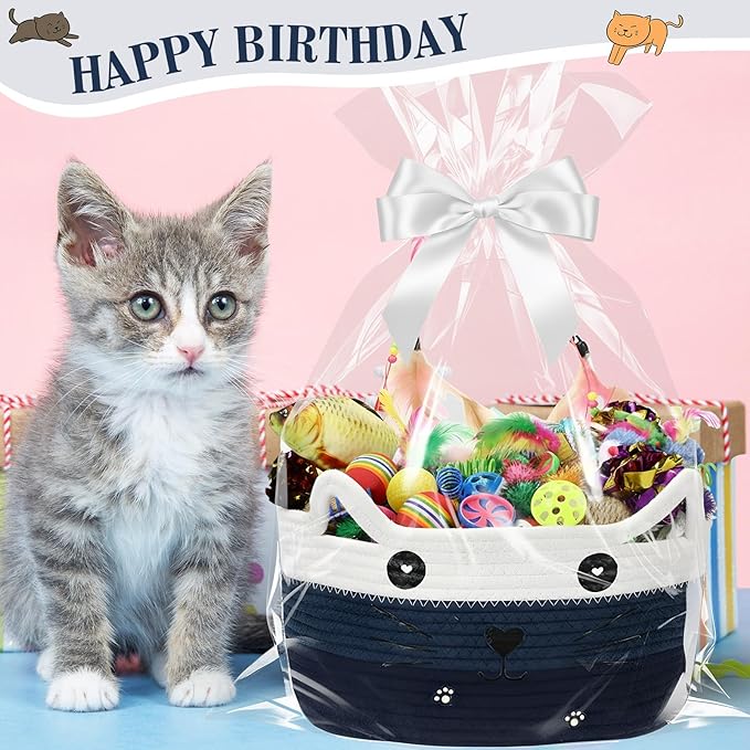 Zopeal 76 Pcs Mother's Day Cat Storage Basket Gift Toys Set Interactive Cat Toys Kitten Wand Colorful Flashing Balls Pet Crinkle Balls Attract Kitten to Swat, Hunt for Pet Indoor(Blue)