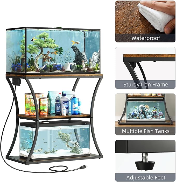 HavenlyYouth 20-29 Gallon Fish Tank Stand with Power Outlet, 3-Tier Aquarium Stand with Storage, Heavy Duty Metal Frame Tank Rack for Home Office, 31.5" L x 15.7" W x 30.4" H, Rustic Brown
