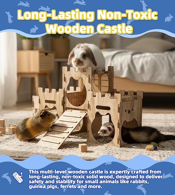 Larger Bunny Castle Sturdy Walnut Color Wooden Rabbit Hideout for Bunnies Guniea Pigs Ferrets Chinchillas Hamsters LXUS (Castle Ramp Feeder)