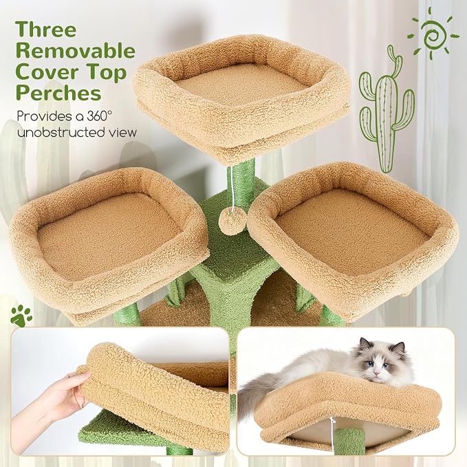 Globlazer Cactus Cat Trees and Towers for Multiple Adult Cats, 82-inch XXL Tall Cat Tree Tower for Indoor Cats with Scratching Post, 3 Perches, 2 Condos, 2 Hanging Baskets, F82, Green