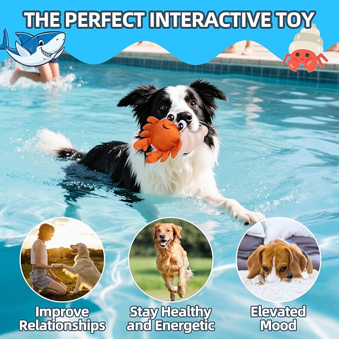 PUPTECK Floating Pool Toys for Dogs - 2 Pack Squeaky Pet Water Toys for Fetch & Training, Interactive Summer Outdoor for Large Small Medium Dogs, Shark & Hermit Crab