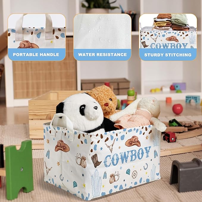 Western Basket for Cowboy Nursery Decor Boy, Blue White Brown Western Toy Bin, Cowboy Baby Shower Decorations, Large Squarecanvas Laundry Hamper With A Waterproof PECoating, Foldable