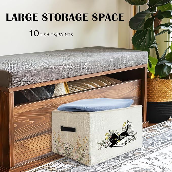 Black Cat Floral Storage Basket Bins With Handles for Girls Kids, Floral Cat Foldable Organizer Basket Toybox for Girls Room Nursery Bedroom Bathroom Clothes Toys Books