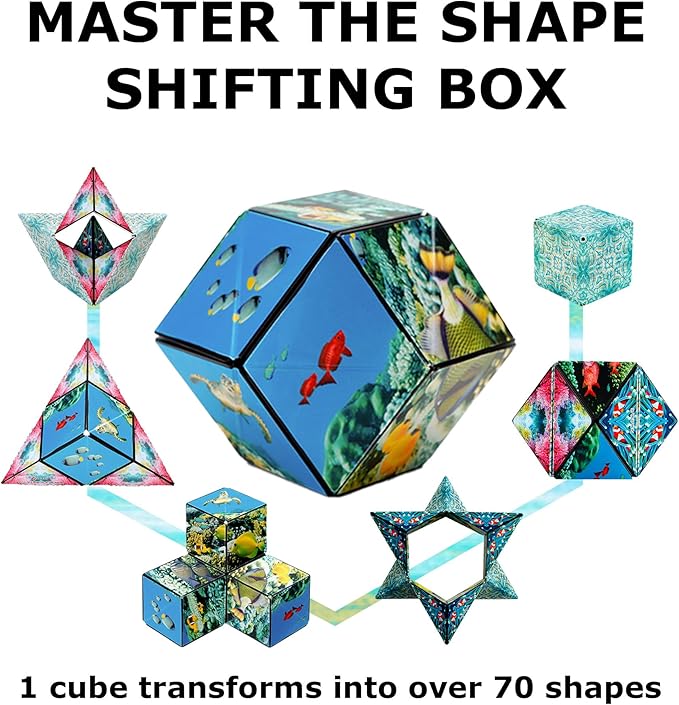 Shashibo Shape Shifting Box - Award-Winning, Patented Fidget Cube w/ 36 Rare Earth Magnets - Transforms Into Over 70 Shapes, Gift Box, Download Fun in Motion Toys Mobile App (Undersea, 4 Pack)