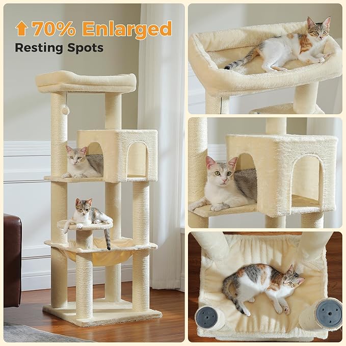 MUTTROS Large Cat Tree with Reinforced Scratching Posts (φ3.7in) for Big Adult Cats 30 lbs, 57.8" Heavy Duty Cat Tower with Larger Hammock and Condo, Cat Furniture for Maine Coon, Plush,Beige