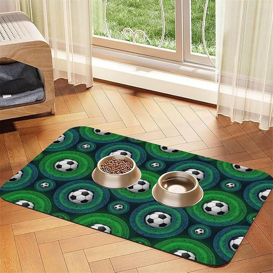 Dog Cat Food Mat with Rubber Backing Dog Placemat Water Bowl Mat Cool Soccer Football Black Pet Accessories Supplies
