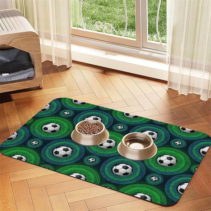 Dog Food Mat, Absorbent Water Bowl Mats Cool Soccer Football Black Cat Pet Feeding Placemats
