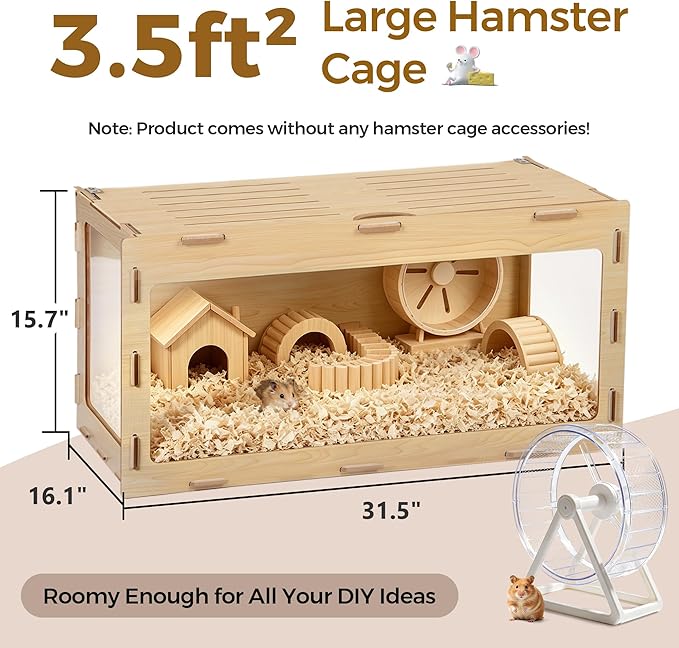 COZIWOW Hamster Cage, Chewproof 32" Large Wooden Hamster Enclosure with 270° Panoramic View, Acrylic Small Animal Habitat Cage for Syrian, Guinea Pig, Chinchilla, Gerbil
