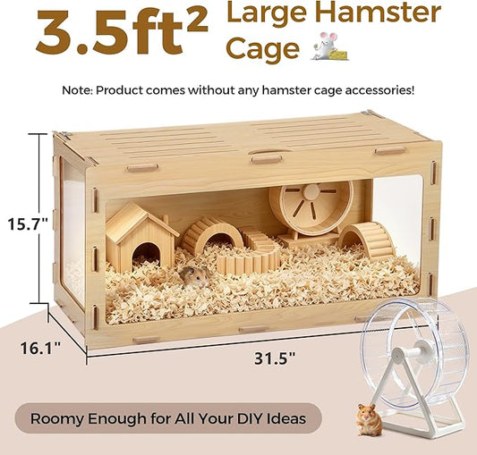 COZIWOW Hamster Cage, Chewproof 32" Large Wooden Hamster Enclosure with 270° Panoramic View, Acrylic Small Animal Habitat Cage for Syrian, Guinea Pig, Chinchilla, Gerbil