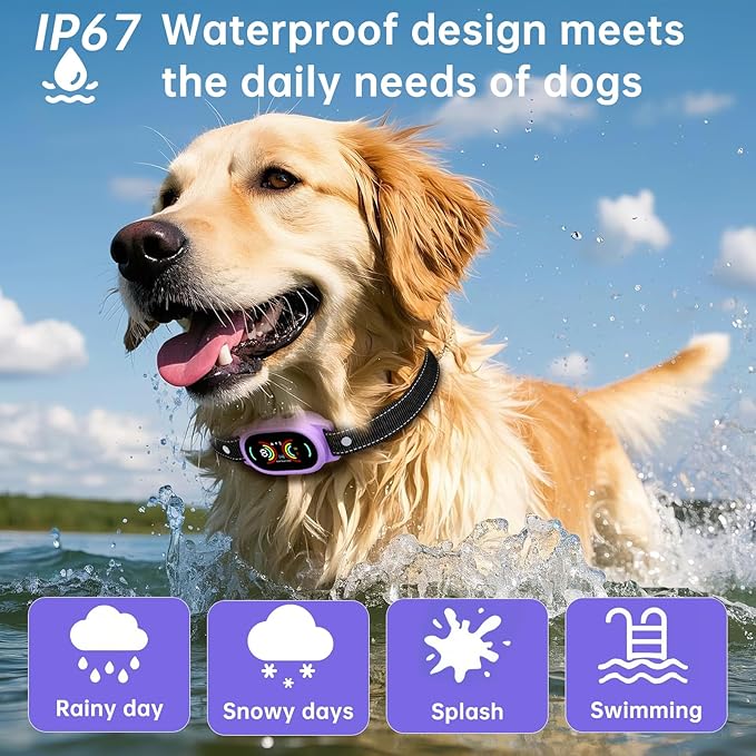 Dog Bark Collar, Rechargeable Bark Collar for Large Dog, Medium Dog and Small Dogs, IP67 Waterproof Anti Barking Collar with Adjustable Sensitivity(Purple)