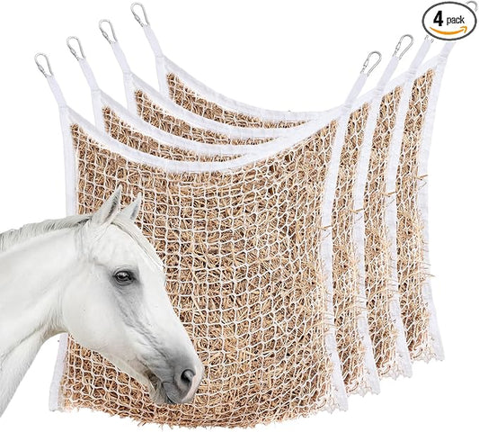 4 PCS Slow Feed Hay Net for Horses, Large Capacity Hay Bags for Horses Goats Sheep Donkey Trailer Full Day Feeding, Easy to Fill and Hang, White, 35 x 31 Inch