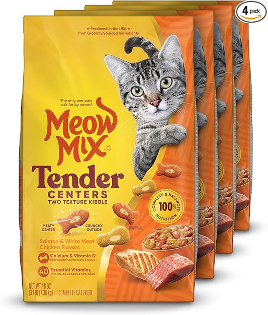 Meow Mix Tender Centers Dry Cat Food, Salmon & White Meat Chicken Flavors, 3 Pound Bag (Case of 4)