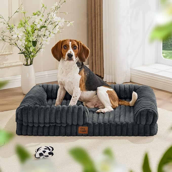 ChiXnuggle Orthopedic Dog Bed with Bolster Sides for Sleeping, Fluffy Plush Rectangular Dog Bed Large Sized Dog, Luxury Striped Faux Fur Waterproof Dog Couch with Removable Washable Cover, Dark Grey