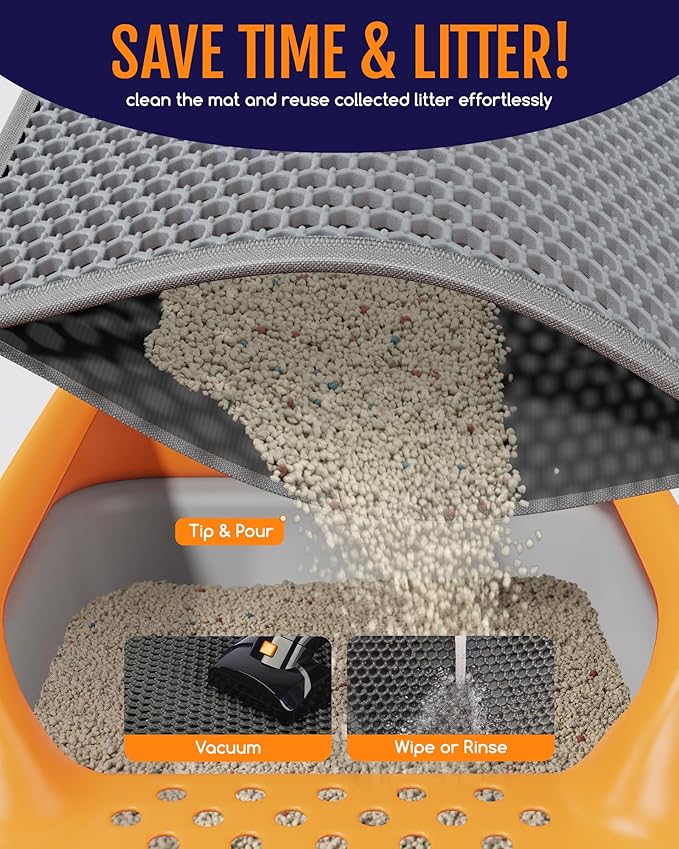 Powools Cat Litter Mat - 30" x 24" Large Litter Box Mat with Double Layers, Urine-Proof and Non-Slip Litter Trapping Mat, Easy to Clean Kitty Litter Mats for Floor, Scatter Control, Grey