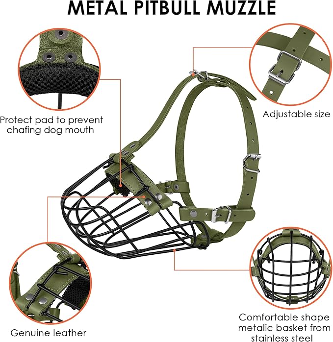 Pitbull Dog Muzzle Breathable Metal Basket for Large Dogs Amstaff Staffordshire Terrier Secure Wire Mask Adjustable Durable Leather Straps Biting Chewing Barking (Olive)