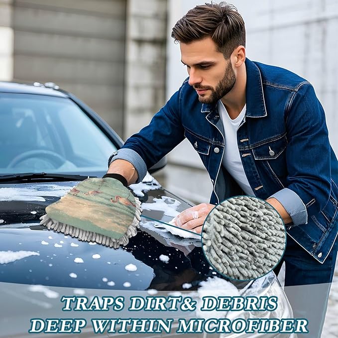 Car Wash Mitt Microfiber Wash Mitts for Car Washing Scratch-Free Cleaning Gloves Soft Non Absorbent Chenille Auto Hand Mitt Large 2Pack Flamingo in Coastline