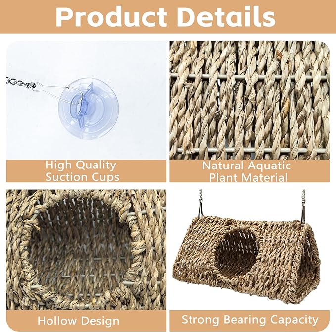 Reptile Hide Cave,Hollow Gecko Hide,Hanging Seagrass Fiber Bearded Dragon Hammock Swing Lizard Cage Climbing Toys with Suction Cups&Chains,Reptile Tank Decor with Simulation Plants-Triangle S