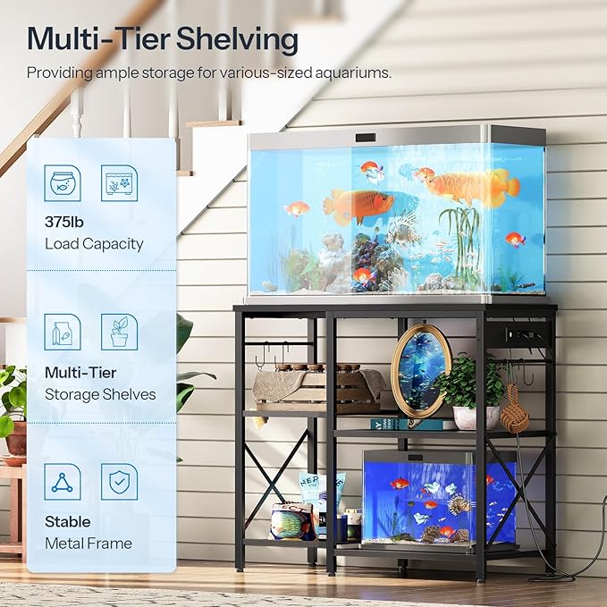 HOOBRO Fish Tank Stand with Power Outlet and LED Light, 20-29-37 Gallon Aquarium Stand with Storage Shelves, 30.7" L x 13.8" W, Reptile Tank Stand with Stable Metal Frame, Black BK80UDFT01G1
