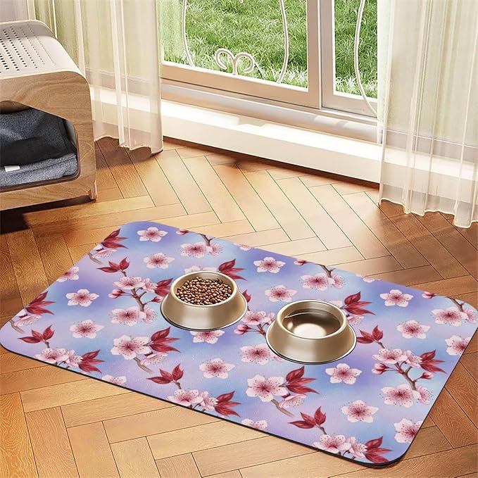 Pet Feeding Mat Watercolor Blossom Japanese Cherry Flower Dog Mat for Food and Water Bowl