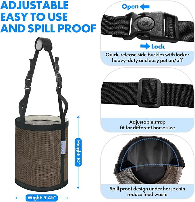 Horse Feed Bag Pack of 2 (Reinforced Bottom Edging), Feed Bags for Horses with Ventilation Mesh, Comfort Nose Pad Neck Pad, Adjustable Strap, Spill Proof Design for Feeding Grain, Supplements