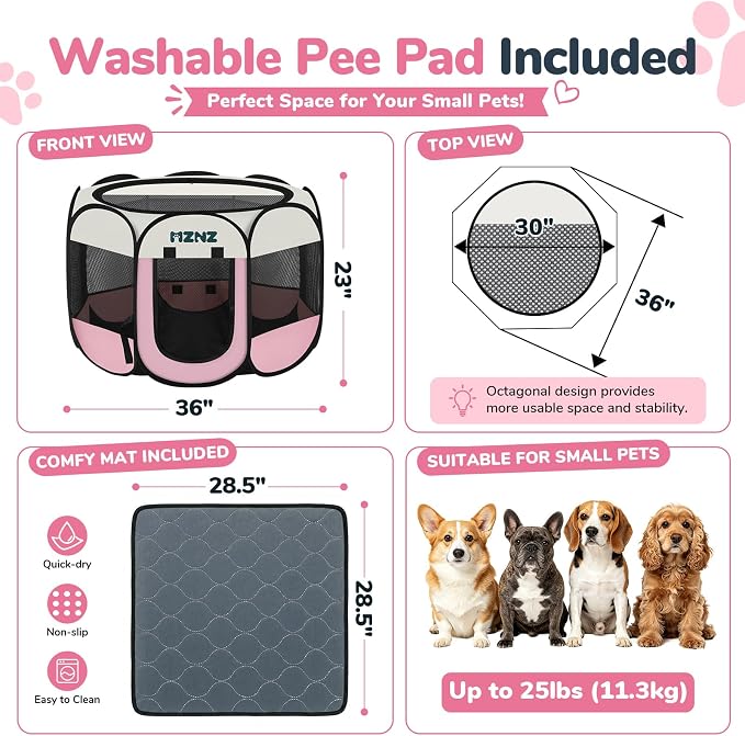 Dog Cat Playpen with Pee Pad, Portable Puppy Pet Crate Indoors for Small/Medium Dogs Cats Rabbits, Foldable Dog Cage Enclosure for Outdoor, Pop Up Dogs Tent Kennel with Carrying Case, Pink