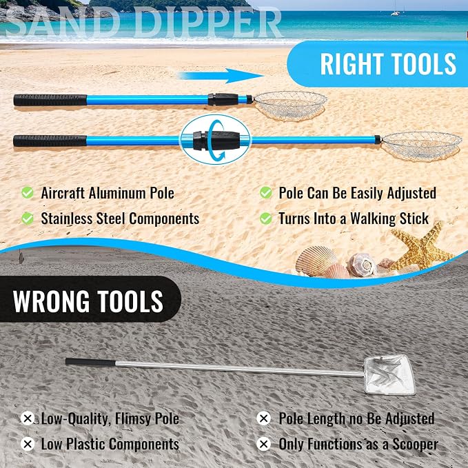 Roshtia 4 Pcs Beach Sand Sifter Set, Adjustable Long Handle Shell Scoop, Shark Tooth Sifter Mesh Shovel for Family Seashell Collecting, Sea Glass Hunting and Beach Treasure Fun