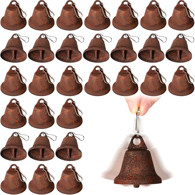 30 Pieces Craft Small Brass Bells for Crafts Mini Vintage Bells with Spring Hooks Tiny for Hanging Wind Chimes Making Dog Training Doorbell Wedding Decor, 1.65 x 1.5 Inch(Rusty Color)