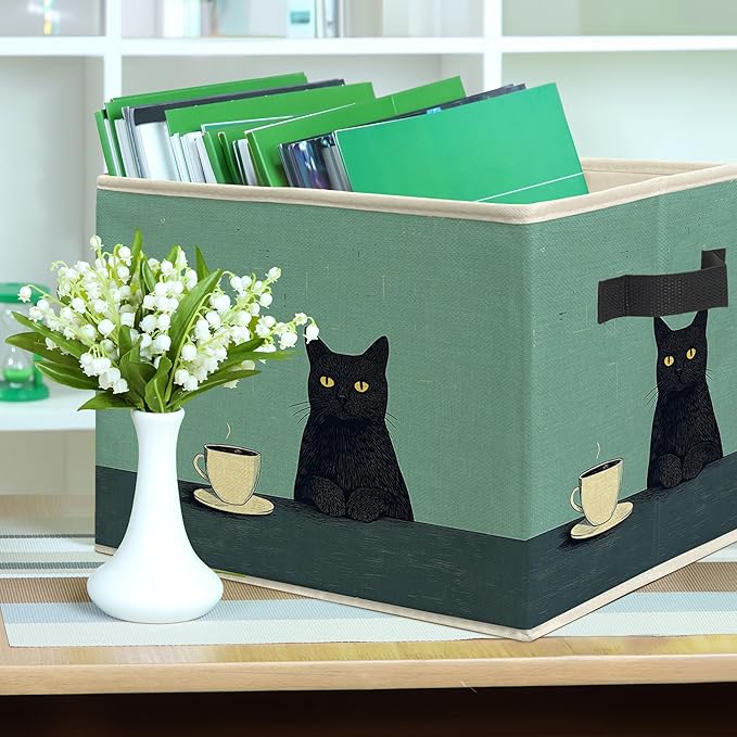 Funny Black Cat Drink Coffee Storage Bin Box, Cat Lover Mom Lady Grandma Gifts Collapsible Storage Basket Organizer for Bedroom Bathroom Home Clothes Toys Books, Toybox for Girls