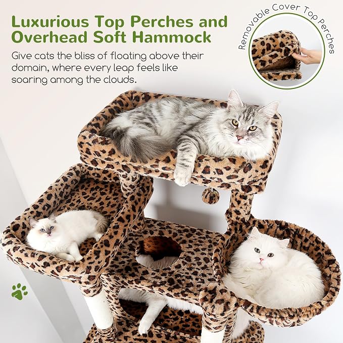 Globlazer XXL Giant Cat Tree, 83 Inch Heavy Duty Tall Cat Tower for Indoor Cats Large Adult, Multi-Level Large Cat Condo with 8 Scratching Posts, Hammock, 2 Cat Caves, 2 Platform, F83B, Leopard Print