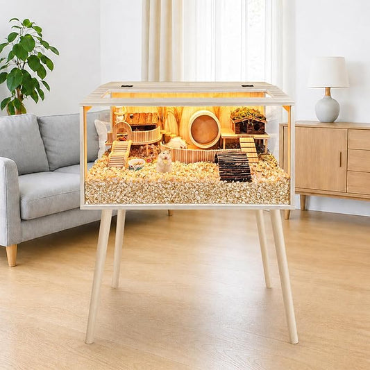 PROLEE Hamster Cage Wooden Chew Proof, Extra Large Mice and Rat Habitat Openable Top with Acrylic Sheets Solid Built Small Animal Cage with Leg Stands, 24 Inch Long