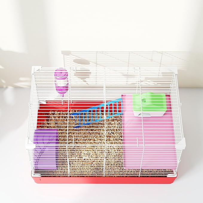 PawHut 18.5" Hamster Cage with Exercise Wheel and Water Bottle, Dish, Rat House and Habitat 2-Story Design, Red