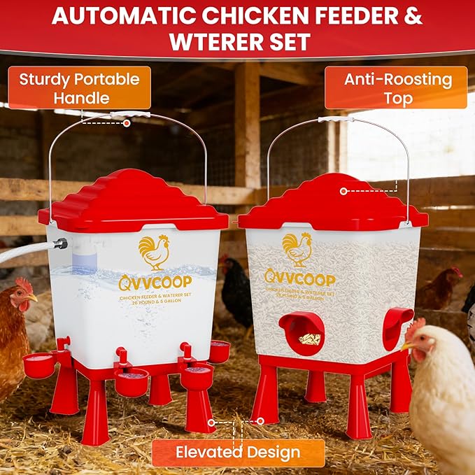 Automatic Chicken Feeder and Waterer Set, 5 Gallon Chicken Waterer with Float Valve, Poultry Feeding and Watering Supplies, Elevated Water Dispenser, Large Capacity, Red, Float Controlled