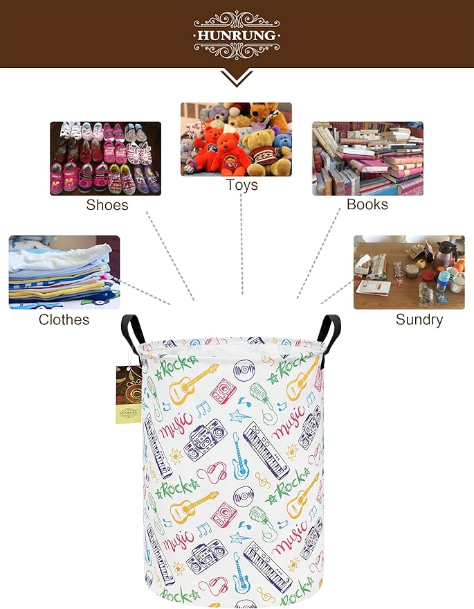 Collapsible Fabric Storage Basket, Waterproof Laundry Hamper with Handles, Round Storage Bin for Clothes Toys, Foldable Organizer for Bedroom Nursery Bathroom(Round-Musical instrument)
