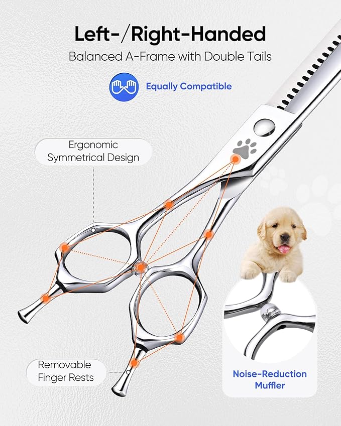 ULG Curved Dog Shears for Grooming, 7 Inch Professional Straight Chunker Dog Grooming Scissors for Trimming and Cutting, Japanese Stainless Steel Pet Hair Scissors, 65%-75% Thinning Rate