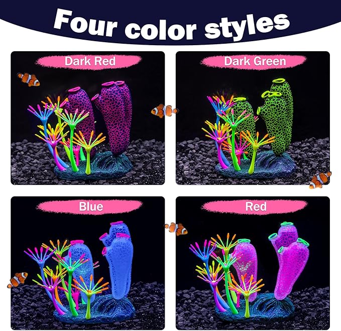 Dynamic Glow in The Dark Aquarium Decorations: Unleashing Visual Effects with Soft Silica Gel, Changing Lights, and Colorful Glowing Coral Ornaments (Dark Red, Seaweed Moon)