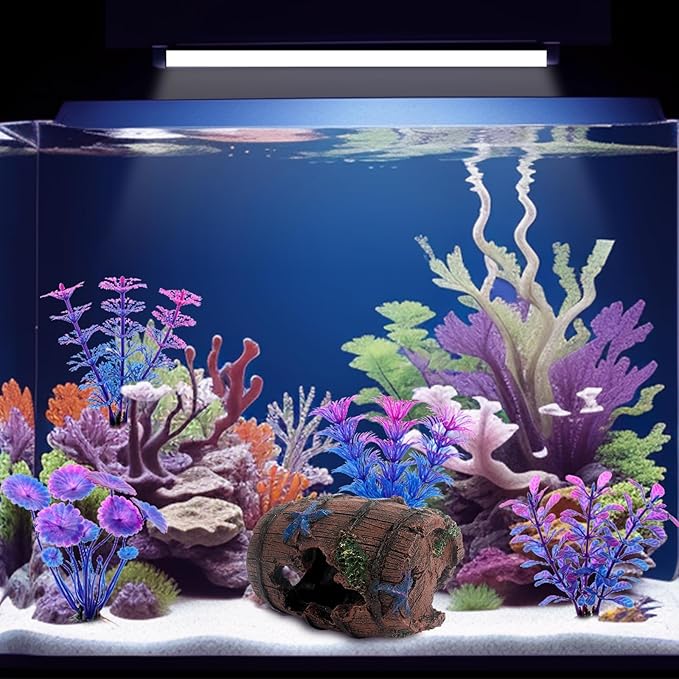 Faeshoo Fish Tank Decoration Betta Fish Tank Decorations Accessories for Aquarium Tank, Starfish Barrel x 1pc, Aquatic Plants x 4pcs