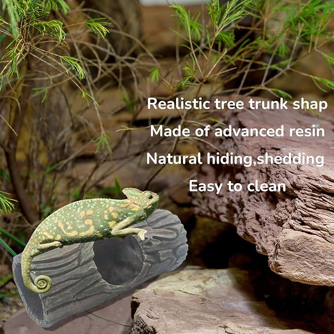 Magnetic Reptile Hide Cave,Resin Hollow Tree Trunk Hideout for Crested Gecko, Lizard, and Snakes,Climbing Toy & Terrarium Decor